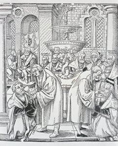 Luther Márton és Husz János református úrvacsoraszolgáltatás (metszet) alkotó: German School