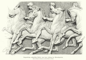 Dombormű a Parthenon-frízről, amely lovas athéni fiatalokat ábrázol (metszet) alkotó: German School
