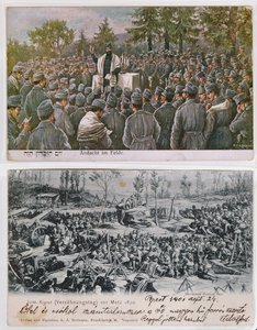Vallási istentiszteletek a csatatéren, felső kép, amelyen német zsidó katonák imádkoznak az 1. világháború alatt, alatta egy jom kippur istentisztelet Metzben az 1870-es francia-porosz háború idején (colou