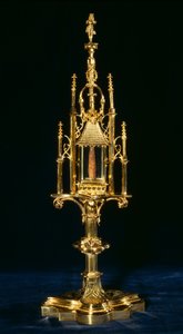 Ereklyetartó Monstrance keresztdarabbal, Augsburg, 1490 körül (arany és fa)