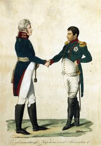 Napóleon (1769-1821) és I. Sándor cár (1777-1825) találkozása. (Napóleon és I. Sándor találkozása). Névtelen munka, metszet és akvarell alkotó: German School