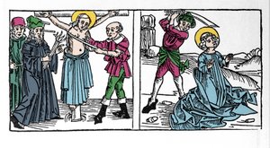 2. századi keresztény Szent Szerafia (Serapia) (Szíriai Szerafia) vértanúságának ábrázolása. A Voragine-i Jacobus (James) (1228-1298) metszete a „Leben der Heiligen - sommerteil”-ből (A szent könyve). Lübeck 1488. alkotó: German School
