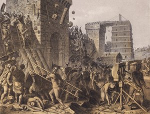 Római katonák ostromolnak egy erődöt (színes litográfia) alkotó: German School
