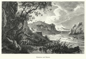 Romulus és Remus, az ókori Róma legendás alapítói, akiket a nőstény farkas szoptat a vadonban (metszet) alkotó: German School