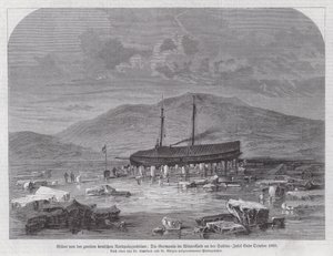 Schooner Germania Sabine-szigeten Grönland keleti partjainál, második német északi-sarki expedíció, 1869. október végén (metszet) alkotó: German School
