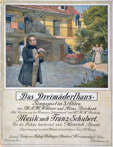 A Das Dreimaederlhaus (A három lány háza) kottaborítója, amely Schubertet ábrázolja a ház előtt, 1916 alkotó: German School