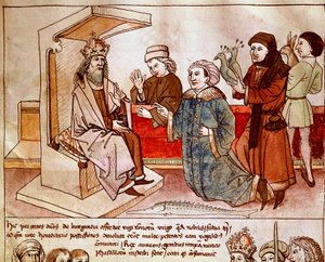 I. Luxemburgi Zsigmond (1368-1437), a Szent Birodalom császára megkapja az engedelmes népek adóját. Miniatűr a „Konstanzi zsinat krónikájából”, Ulrich Richental (1360-1437) 1438 körülbelül Prága, Nemzeti Könyvtár alkotó: German School