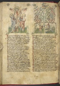 Sloane 361, f.26v Nabukodonozor egy fát lát álmában; a keresztre feszítés, a 