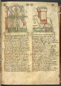 Sloane 361, f.27 Codrus király feladja magát, hogy megöljék népéért, Eleazar Maccabeus pedig leszúrja az elefántot, és összezúzza, a 