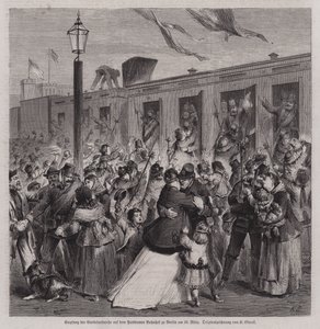 A Porosz Garde Landwehr katonáit a berlini Potsdam pályaudvaron fogadták a francia-porosz háborúból visszatérve, 1871. március 22-én (metszet) alkotó: German School