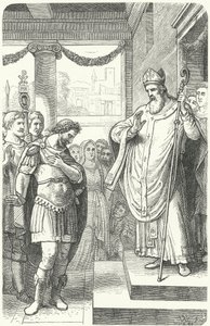 Szent Ambrus megtiltotta I. Theodosius római császárt, hogy belépjen a milánói székesegyházba a thesszalonikai mészárlás büntetéséért, 390 (metszet) alkotó: German School