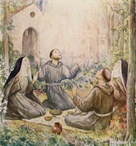 Assisi Szent Ferenc és Assisi Szent Klára étkezik az Angyalok Szent Máriája templom előtt (színes litográfia) alkotó: German School