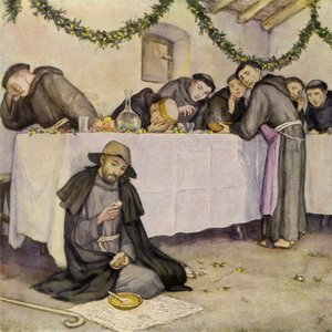 Szent Ferenc és a szent szegénység leckéje (színes litográfia) alkotó: German School