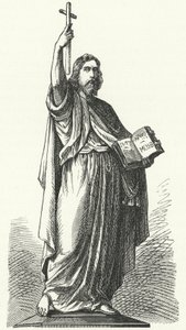 Szent Bonifác (c675-754), angolszász misszionárius a Frank Birodalom germán részeihez szobra Fuldában (metszet) alkotó: German School