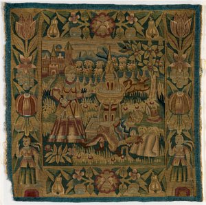 Tapestry cushion cover depicting Pyramus and Thisbe, made in Hamburg, Germany, c.1615 (wool) alkotó: German School