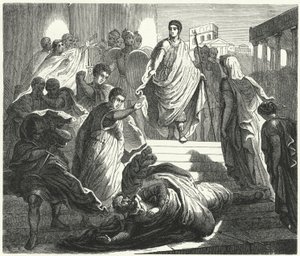 Tarquinius Superbus meggyilkolja apósát, Servius Tullust, hogy megszerezze a római trónt (metszet) alkotó: German School