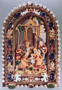 A Királyimádás, a négy evangélista miniatűr figuráival keretezett domborműtábla és zafírral váltakozó putti Münchenből (zománc, aranyozott, féldrágakövek, gyöngyök) alkotó: German School