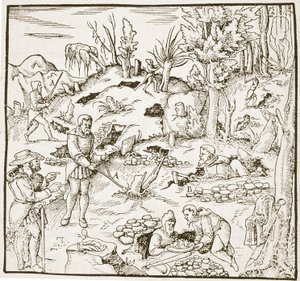 A jósló rúd, a Bergwerk Buchból, Georg Agricola, Frankfurt 1580, illusztrálva a 19. század végén megjelent mágiatörténetben alkotó: German School