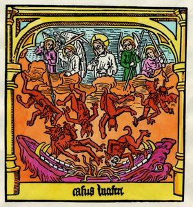 Lucifer bukása és a lázadó angyalok, illusztráció a „Biblia Pauperum” másolatából alkotó: German School