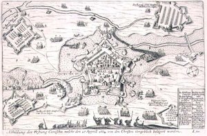 A keresztények által 1664-ben hiába ostromlott Canischa erőd, illusztráció az európai oszmán hadjáratokról szóló könyvből, Paul Furst (kb. 1605-66) metszet (metszet) alkotó: German School