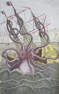 A Kraken leránt egy hajót (színes metszet) alkotó: German School