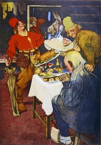 A varázsasztal és az aranyszamár, a Grimm testvérek meséjének illusztrációja. alkotó: German School