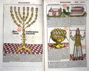 A Menóra és egy héber pap, Hartmann Schedel (1440-1514) Nürnbergi Krónikájából, 1493 (színes fametszet) alkotó: German School