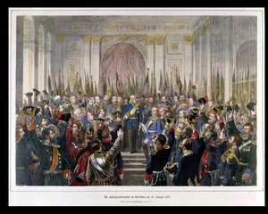 Wilhelm kikiáltása az új Német Birodalom császárává a versailles-i Tükörcsarnokban 1871. január 18-án (színes metszet) alkotó: German School