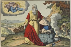 Ábrahám Izsák feláldozása, illusztráció a LAncien Testamentből, kiadó: Jakob Ferdinand Schreiber, Esslingen (színes metszet) alkotó: German School
