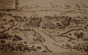 Zolnock török ostroma 1552-ben, illusztráció az európai oszmán hadjáratokról szóló könyvből, Paul Furst (kb. 1605-66) metszet (metszet) alkotó: German School