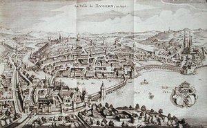 Luzern városa, Svájc, Johann Jacob Scheuchzeri "Itinera Alpina" című, 1706-ban kiadott művéből (metszet). alkotó: German School
