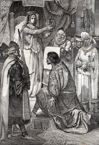 A pomerániai Erik XIII. koronázása Svédország, Dánia és Norvégia skandináv királyságának királyává I. dán Margit által. alkotó: German School