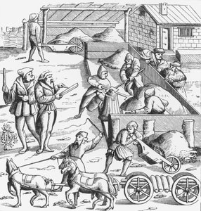 A fémek kitermelése a Cosmographie Universelle of Munster-ben, 1552-ben megjelent fametszet után alkotó: German School