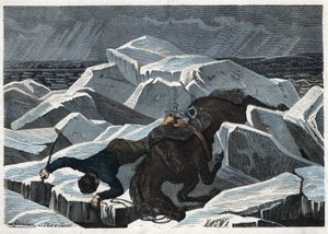 Sándor gróf és lovának bukása a Duna betört jegén. A "" Wenn Jemand eine Reise thut, so kann er was erzahlen" (Ha valaki utazik, ezt tudja elmondani) című német meséjében Franz Wiedemann alkotó: German School
