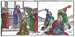Szent Fabien vértanúhalála (3. század), a pápát megkínozták, majd lefejezték, Dece császár uralkodása alatt. A voraginai Jacobus (Jakab) (1228-1298) vésése „Leben der Heiligen - sommerteil” (A szent könyve) című könyvéből. Lübeck 1488. alkotó: German School