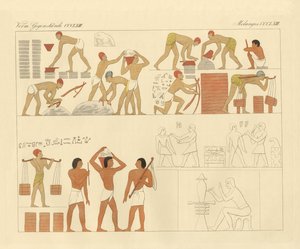 Az egyiptomi zsidók szolgaságát egy 3000 éves kép egy felső-egyiptomi sírban ábrázolja (színes metszet) alkotó: German School