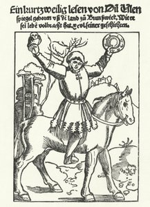 Till Eulenspiegel bagollyal és tükörrel ábrázolva (metszet) alkotó: German School