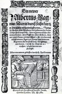 Címlap egy új Albertus Magnushoz: hat rövid könyv, amelyek a természet számos titkát leírják, 1514-ben (fametszet és magasnyomás) alkotó: German School