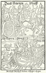 Címlap Sebastian Brant Bolondok Hajójának első kiadásából, Johann Bergmann von Olpe nyomta Bázelben 1491-ben (metszet) alkotó: German School