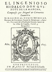 Címlap a Don Quijote című regény első kiadásából, Miguel de Cervantes (metszet) alkotó: German School