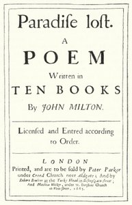 Címlap az angol költő, John Milton Lost Paradise című könyvének 1667-ben megjelent eredeti kiadásából (metszet) alkotó: German School