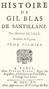 Alain-Rene Lesage francia regény- és drámaíró Gil Blas első kiadásának címlapja, amely 1715-ben jelent meg (metszet) alkotó: German School