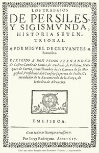Miguel de Cervantes spanyol regényíró: Persiles és Zsigmond művei (Persiles és Zsigmond művei) első kiadásának címlapja alkotó: German School