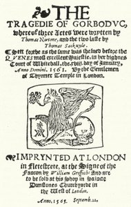 A Gorboduc tragédiája (1565) első kiadásának címlapja, Thomas Norton és Thomas Sackville (metszet) alkotó: German School