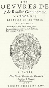 Pierre de Ronsard műveinek ritka és nagyon népszerű második kiadásának első kötetének címlapja, amelyet maga a költő adott ki hat kötetben (metszet) alkotó: German School