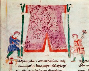 Két férfi áll egy sátorban. Miniatűr Rabanus Maurus Magnentius (vagy Raban Maur vagy Rabano Mauro, kb. 780-856) „” De Universo” vagy „” De rerum naturis”” (A dolgok természetéből) kéziratából. 9. század. A Monte Cassino apátság archívuma (Mount alkotó: German School
