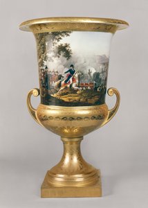 Urna, amely Wellington hercegét ábrázolja egy csatajelenetben a porosz vacsoráról, Berlin, 1816-19 (porcelán és aranyozott)