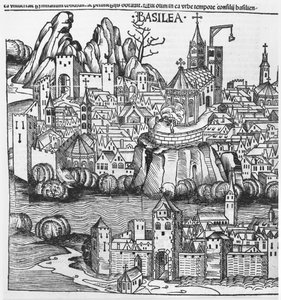 Bázel látképe, Hartmann Schedel (1440-1514) illusztrációja Nürnberg krónikájából 1493 alkotó: German School