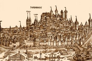 Nürnberg látképe, Hartmann Schedel "A világ krónikája" című művéből (nyomtatás) alkotó: German School