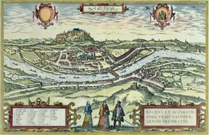 Kilátás Salzburg városára a Salzach folyó partján, a háttérben Hohensalzburg kastélyával, „Old European City Scenes” (metszet) alkotó: German School
